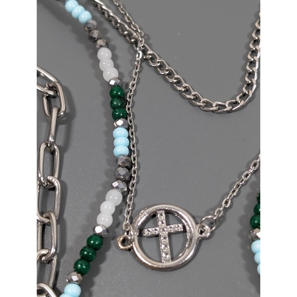 Bohemian Style Green Blue Beaded Silver Tone Layered Chain Statement Necklace - Picture 6 of 9